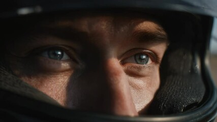 Poster - Close up of driver man wearing helmet outdoor - Formula 1 and moto gp concept - Model by AI generative 