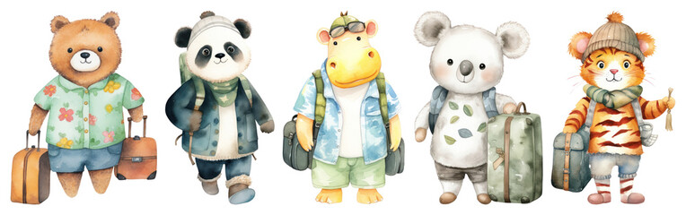 Wall Mural - png cute animal travelers illustration, element set on transparent background