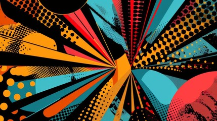 Poster - This image features a vibrant, abstract design with bold geometric shapes, polka dots, and radiating lines