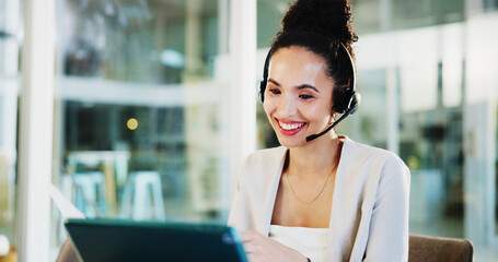 Poster - Headset, laptop and businesswoman with customer service in online meeting for advice, insurance planning or support. Office, financial advisor and video call consultation for finance analysis or help