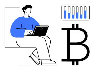 Poster - person working on laptop, large bitcoin sign, and bar chart representing data. ideal for cryptocurre