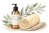 watercolor spa set pump bottle towel green leaves spa objects isolated on white background