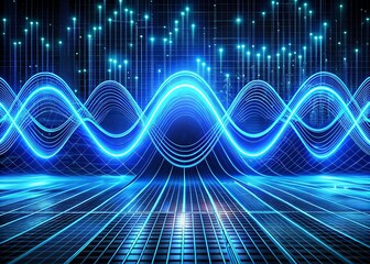 Poster - Abstract Futuristic Technology Background: Blue Neon Waves and Grid Pattern