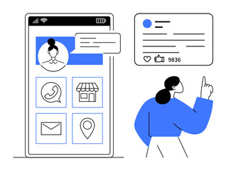 Poster - User engaging with smartphone app showcasing profile, messages, social activity, location, communication icons. Ideal for social media, connectivity, networking, app UI messaging business simple