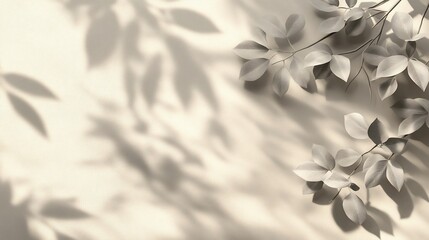 Poster - Soft light casts shadows of leaves on a beige background.