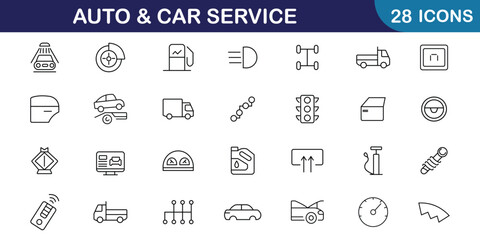 Poster - Auto and car service maintenance icon set. Car, wash, shop, oil, diagnostic, engine, repair and tire collection. Set of 28 auto service and garage web icons in line style. Vector illustration.