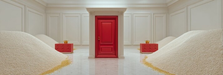 Poster - Minimalist Prosperity Portal Luxe Red Door Gateway with Golden Pathways - Architectural Symbolism of Opportunity, Success, and Aspirational Design