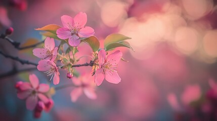 Aufkleber - Pink blossoms on a branch, soft focus background.