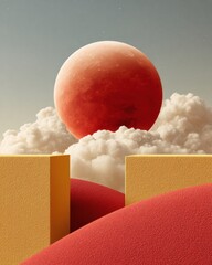 Fototapete - Surreal Geometric Dreamscape Abstract Minimalist Blood Moon with Sculptural Volumetric Clouds - Innovative Digital Art and Immersive Visual Design Experience