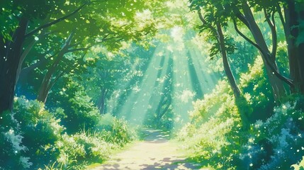 Poster - Sunbeams illuminate a path through a lush green forest. (1)