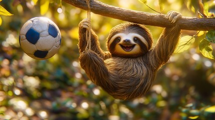 Poster - Happy sloth hanging from tree branch with soccer ball.