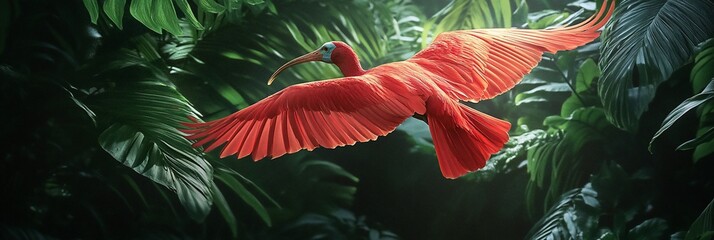 Poster - Scarlet ibis in flight amidst lush tropical foliage.