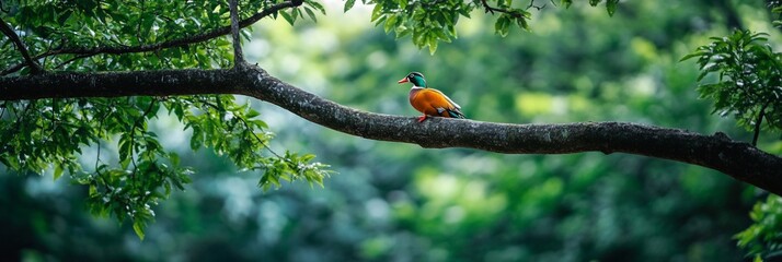 Poster - Colorful bird perched on a tree branch in lush green forest.