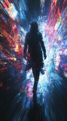 Poster - Digital Wanderer: A Silhouette in a Cybernetic Cityscape