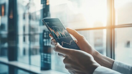 Poster - Close-up of hands holding smartphone displaying stock market graph near window.