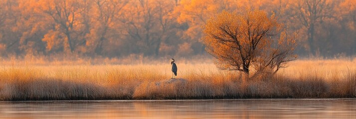 Poster - Solitary heron in autumnal wetlands at sunrise.