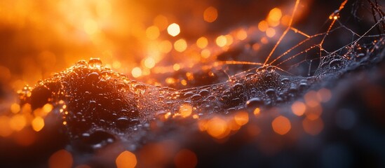 Poster - Dew-covered spiderweb at sunrise, bokeh background.