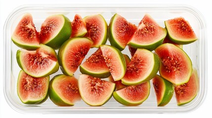 Poster - Sliced green and red figs in a clear plastic container, overhead shot.