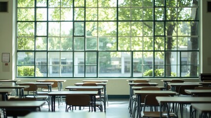 Aufkleber - Empty classroom with desks and large window overlooking green trees.