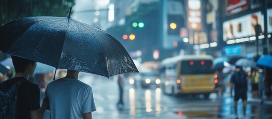 Aufkleber - Two people sharing an umbrella walking on a rainy city street at night.