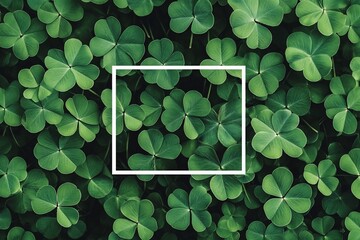Poster - Lush green clover leaves background with a white square frame.