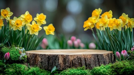 Poster - Wooden slice with daffodils and tulips.
