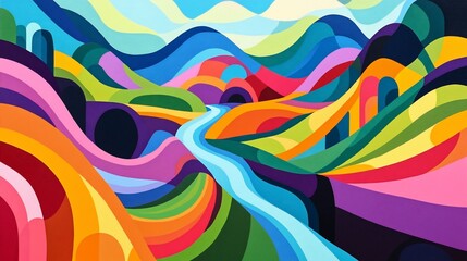 Poster - Abstract colorful landscape painting with river, hills, and valleys.