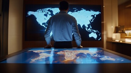 Aufkleber - Man examining interactive world map on large screen and table.