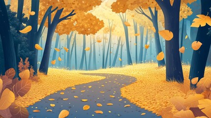 Poster - Winding path through autumn forest with falling leaves.