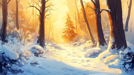 Poster - Sunlit path through snowy winter forest.