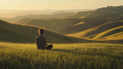 Poster - Person meditating in a tranquil grassy field, overlooking rolling hills at sunset.