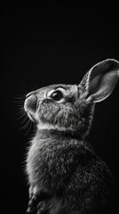 Poster - Black and white close-up portrait of a rabbit looking up against a dark background.