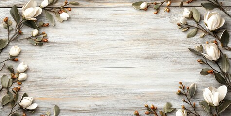 Poster - White flowers and greenery frame on rustic wooden background.