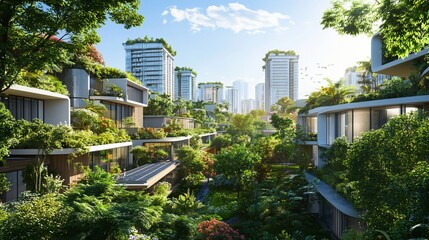 Poster - Lush green cityscape with modern, eco-friendly buildings.