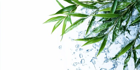Poster - Lush green bamboo leaves splashing in clear water against white background.
