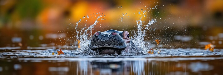 Poster - Hippopotamus surfacing in water, splashing.