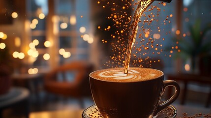 Poster - Latte art being poured into a cup in a cozy cafe setting.