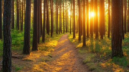 Poster - Sunlit path through a pine forest at sunset.