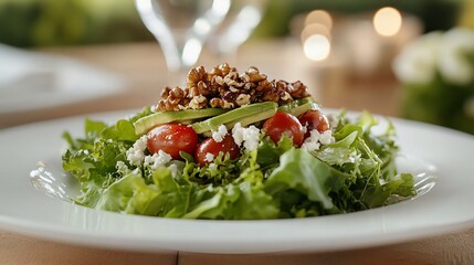 Poster - Delicious salad with avocado, cherry tomatoes, feta cheese, and candied walnuts served on a white plate.