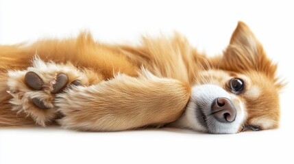 Aufkleber - Adorable fluffy dog lying on its side, paws tucked under, against a white background.
