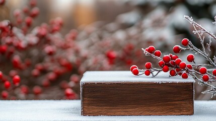 Poster - Snowy winter scene with red berries on a wooden box.