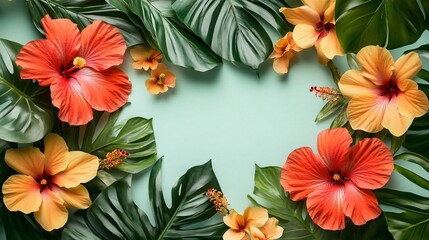 Poster - Vibrant tropical flowers and lush green leaves arranged in a heart shape on a light teal background, creating a summery, exotic scene.