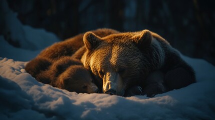 Poster - Mother brown bear and cub snuggling in snow during golden hour.
