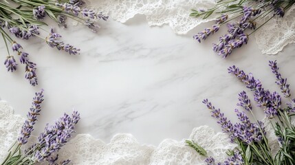 Poster - Lavender sprigs arranged on marble surface with lace, creating a frame.