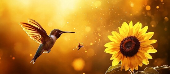 Poster - Hummingbird hovering near a sunflower in a sunlit field.