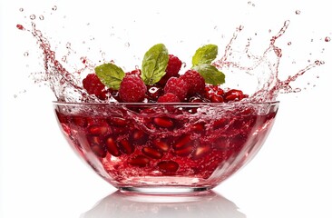 Poster - Raspberries and pomegranate seeds in a glass bowl with splashing liquid.