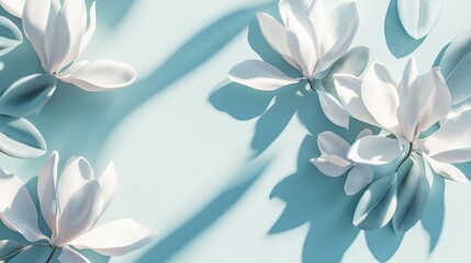 Aufkleber - White and blue magnolia blossoms arranged on a light blue background with shadows.