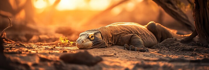 Poster - Komodo dragon resting in golden sunset light, sandy habitat.