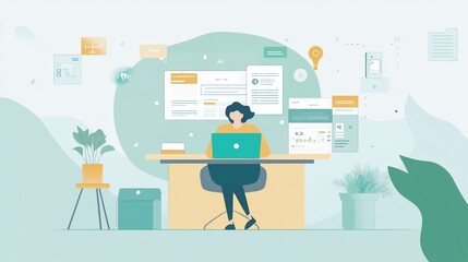 Aufkleber - Woman working on laptop at desk, surrounded by documents and ideas.