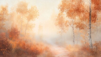 Poster - Misty autumn path through orange and gold birch forest.
